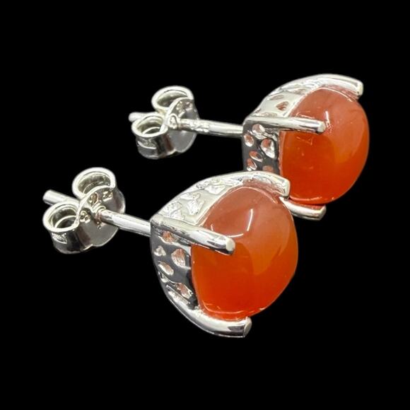 Natural Carnelian Cabochon Stud Earrings 925 Sterling Silver Handmade - Picture 5 of 5